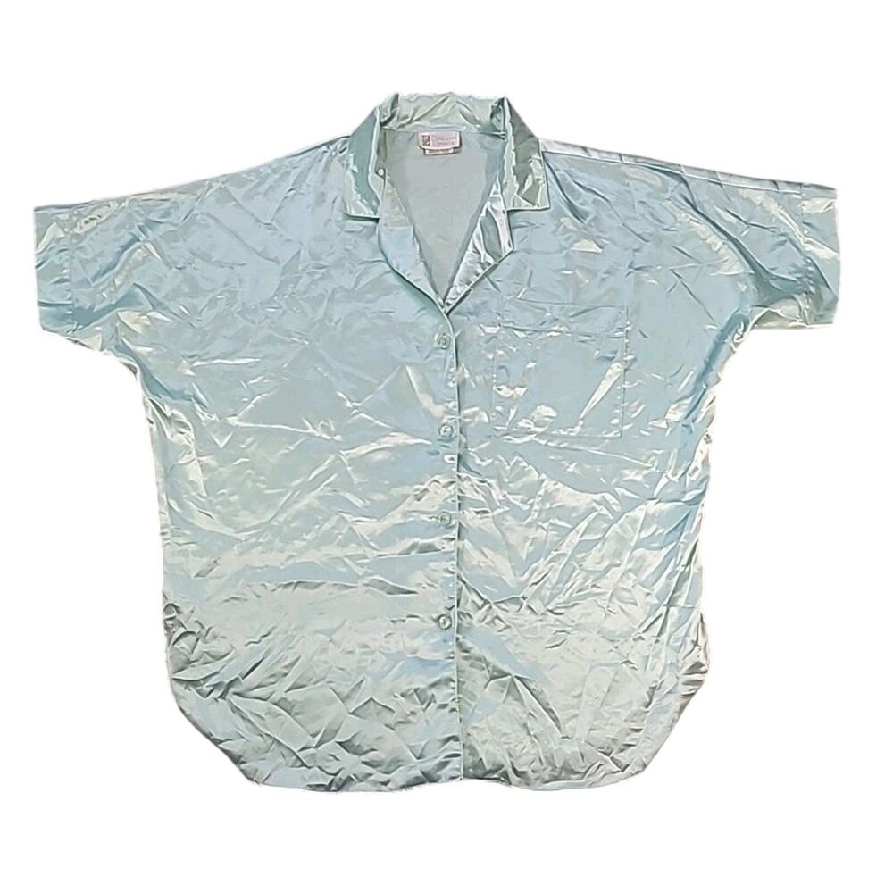 Vtg California Dynasty Nightgown Medium Aqua Teal Button Up Sleepwear USA EUC